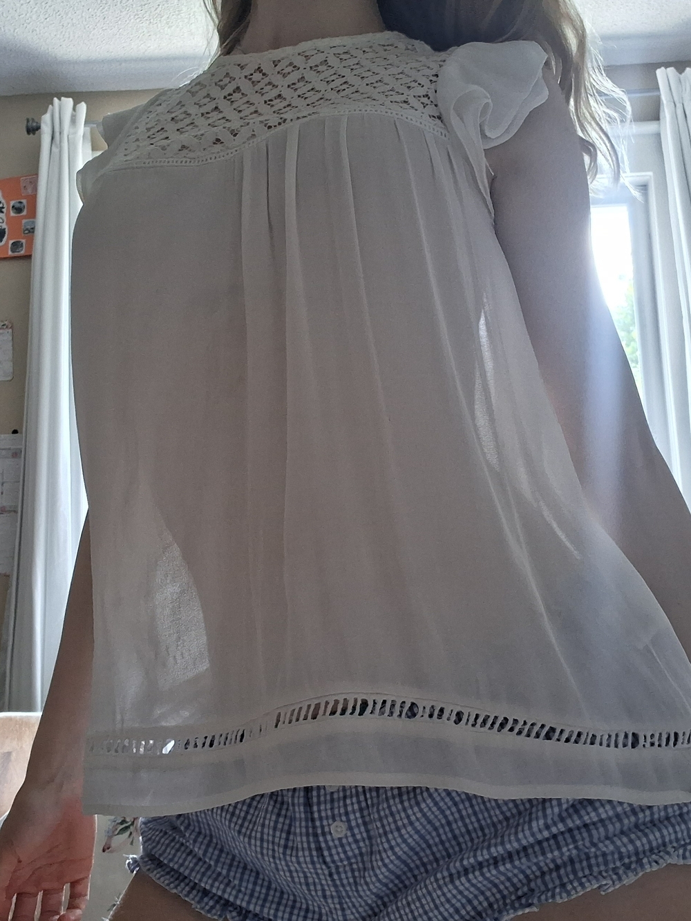 Ardene Cream Crochet Yoke Flutter Sleeve Blouse